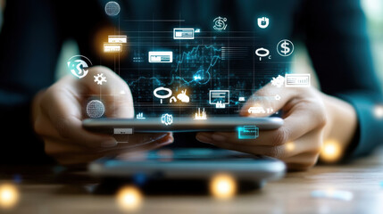 Exploring digital finance through dynamic graphs and currency symbols on a laptop at dusk