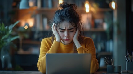 Stressed Office Worker Woman Holding Head in Pain While Working on Laptop at Desk