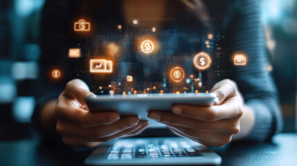 Exploring digital finance through dynamic graphs and currency symbols on a laptop at dusk