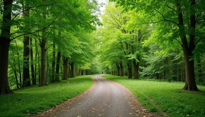 Fototapeta premium Serene forest path surrounded by lush green trees and vibrant foliage, inviting tranquility and exploration.