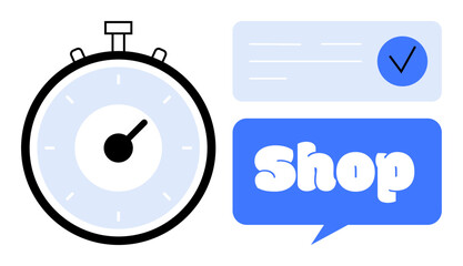 Stopwatch with a speech bubble containing the word Shop and a checkmark in a minimalist style. Ideal for online shopping, e-commerce, quick purchasing, fast delivery, and mobile apps. Simplistic