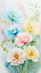 Ethereal Pastel Watercolor Flowers with Soft Petals and Delicate Vines, Featuring Blue, Pink, Yellow, and White Blooms for Elegant Floral Wall Art, Perfect for Home Decor