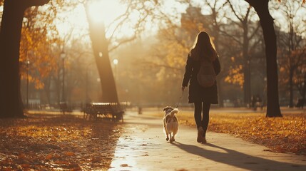 A woman walks her dog on a shaded park path surrounded by autumn leaves during sunset in a tranquil urban setting
