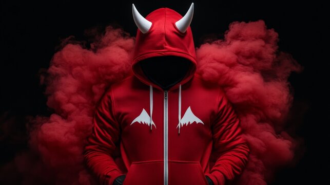 Red Devil in Smoke: A hooded figure with red horns shrouded in a crimson cloud of smoke, evoking mystery, danger, and rebelliousness. The image is dark and dramatic.
