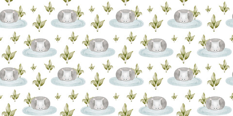 Hippopotamus in lake, tropical palm leaves. Baby Background of African jungle animals. Print with cute hippo. Watercolor seamless pattern for design kid's clothes, fabric, scrapbook, office supplies