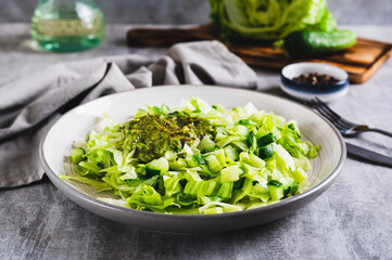 Appetizing salad of cucumber and iceberg lettuce with spices on a plate on the table