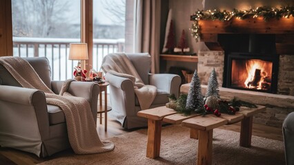 Fototapeta premium Cozy living room with roaring fireplace and snowy view