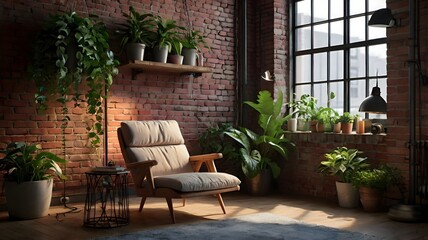 Fototapeta premium Urban loft with exposed brick wall and hanging plants. A cozy reading nook with a plush chair and industrial-style shelves. 