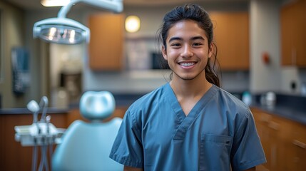Fototapeta premium Young dental assistant smiling in a modern clinic during the day with dental equipment in the background