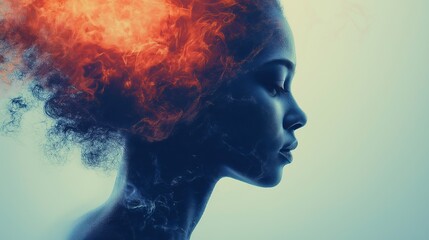 A glowing fire bursting from a woman’s head in profile, symbolizing emotional intensity, inner conflict, and the burning thoughts within the mind in a surreal artistic expression, Gnerative Ai