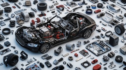 A highly detailed technical view of a dismantled car, showcasing its individual components and mechanical structure, symbolizing advanced automotive engineering and innovation, Gnerative Ai