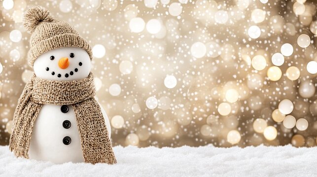 A cheerful snowman dressed in a white hat and scarf stands in a snowy garden, radiating warmth and happiness amidst a picturesque winter backdrop.