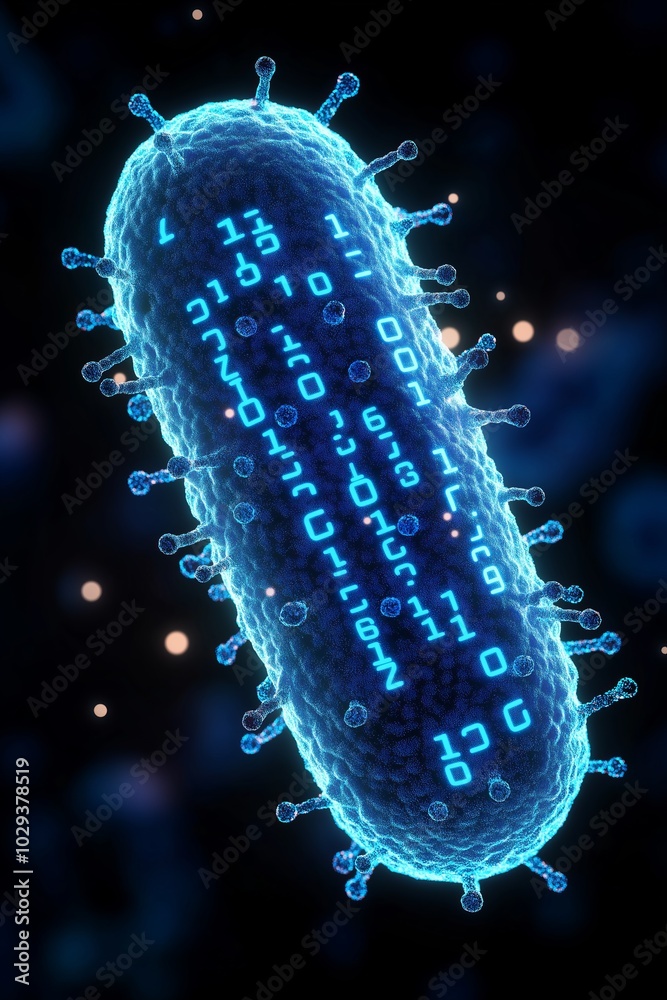 Aufkleber A futuristic digital virus shaped like a glowing bacterium with binary code, representing the risks of malware, cyber threats, and data breaches in a high-tech world, Gnerative Ai