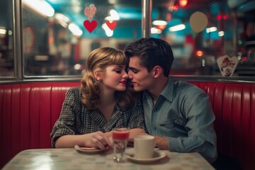 A vintage couple shares a milkshake in a nostalgic diner adorned with Valentine's decorations from the 1950s