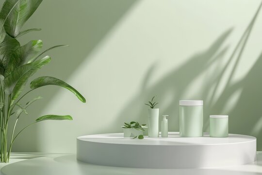 A serene display of skincare products on a minimalistic platform against a soft green backdrop, evoking tranquility and freshness.