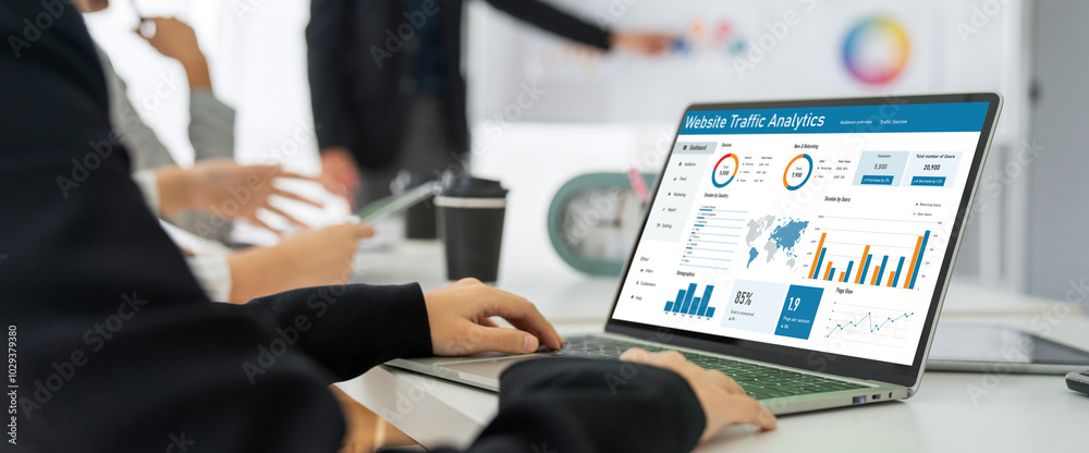 Poster computer software for website traffic analytics data on computer screen. concept of seo search engin