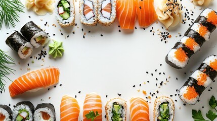 Assorted sushi including salmon rolls, nigiri, and maki, arranged in a circular layout with wasabi, soy sauce, and garnishes on a light background, Japanese cuisine, copy space for text.


