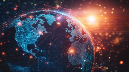 Obraz premium Digital Earth with Interconnected Network of Red Lines and Blue Light