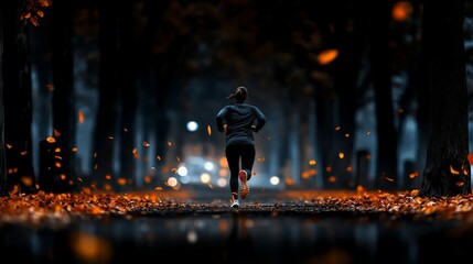 Fototapeta premium Autumn Runner: A determined woman runs through a tunnel of golden leaves, her silhouette illuminated by the distant streetlights. The image evokes a sense of peace, perseverance.