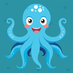 Funny smiling octopus isolated. Cute underwater pink animal with eight tentacles. Childish character. Cute baby octopus flat cartoon vector.
