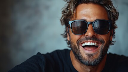 Fototapeta premium A man with sunglasses smiles brightly, capturing joyful moments during a sunny day indoors
