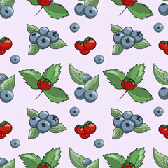 Blueberries and strawberries seamless pattern. Vector illustration