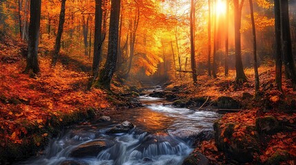 Obraz premium Autumn forest with a small river running through, vibrant colors of orange and red. 