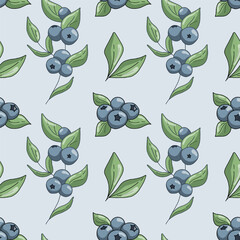 Blueberries seamless pattern on light blue background