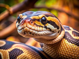Fototapeta premium Young Ball Python in Attack Position - Stunning Candid Wildlife Photography