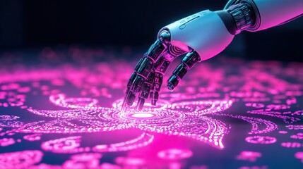 Robotic hand creating a glowing rangoli pattern, blending technology and tradition