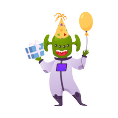 The alien character with a green head is happily holding a balloon and a gift box.