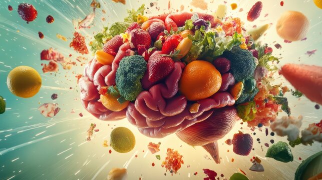 A vibrant representation of a brain made from fresh vegetables and fruits, symbolizing the connection between nutrition and mental health.