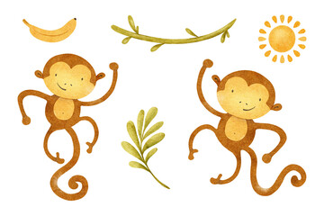 Monkeys, vines, leaves, sun, banana. Baby set of Jungle ape, marmosets. Isolated hand drawn watercolor illustrations of African animals. Macaques for design baby shower cards, kid's goods