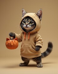 Adorable Kitten in Hoodie with Pumpkin Bag