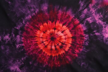 Vibrant red and purple tie-dye spiral on a dark background.

