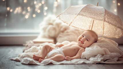 A smiling baby lying under a soft-lit umbrella, radiating happiness and warmth, creating a cozy and joyful scene of childhood innocence and comfort, Generative Ai