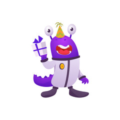 Vector illustration an alien in space suits with a tail and scales holding a gift