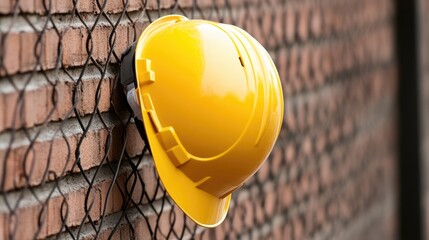 A close-up view shows two construction helmets and a safety vest hanging on a metal fence, illuminated by natural daylight, emphasizing workplace safety
