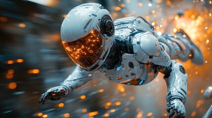 A futuristic robot astronaut soaring through a vibrant, dynamic environment.