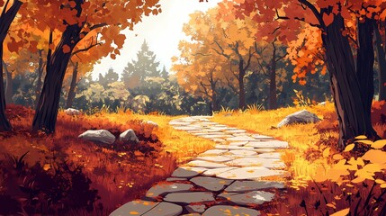 Winding trail in an autumn park, lined with vibrant fall leaves, perfect for peaceful and nostalgic seasonal stock images.