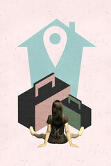 Vertical poster collage young woman luggage mortgage new home destination mark traveler gps...