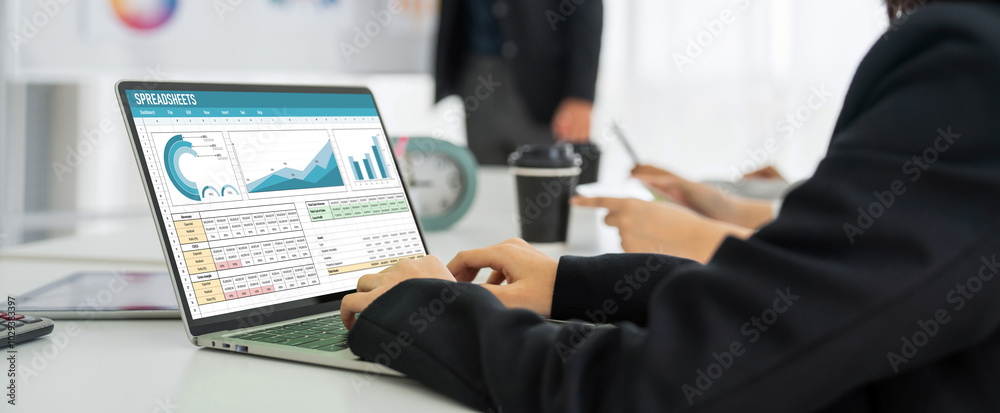 Poster spreadsheet document information financial startup concept. data and graphs in spreadsheet documents
