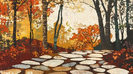 Quiet pathway in a serene autumn park, surrounded by colorful foliage and fallen leaves, creating a tranquil, reflective mood.