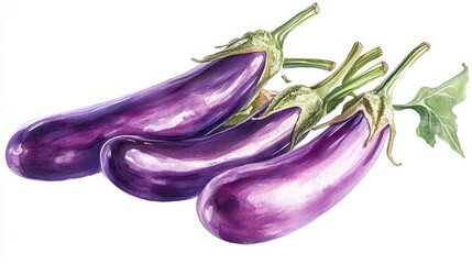 Fresh and vibrant purple eggplants lined up, showcasing their glossy skin and unique shape. Perfect for culinary and health-related themes.