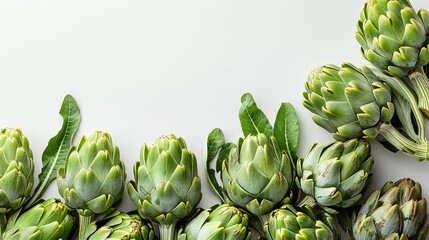 Fototapeta premium Artichokes arranged neatly on a light background with copy space, fresh green vegetables, healthy eating, raw food, vegan diet, vegetarian concept, minimalist layout, culinary ingredient.