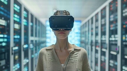 Young Hispanic woman wearing VR headset immersed in virtual reality experience, standing confidently in server room, exploring advanced technology, engaged in digital environment simulation.