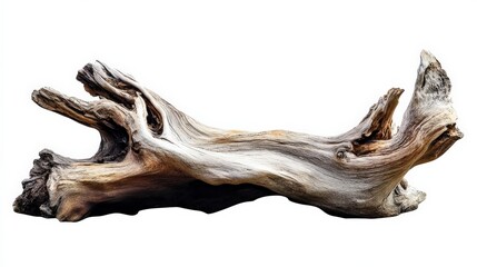 Driftwood. Aged Tree Trunk Drift from Sea Isolated on White Background