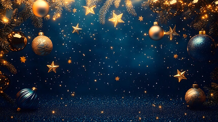 celestial winter wonderland with deep blue backdrop adorned by shimmering gold stars and ornate baubles festive greeting card design exudes magical holiday spirit
