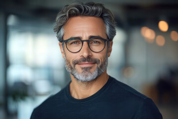 Happy middle aged professional business man, smiling mature executive ceo manager, 45 years old male entrepreneur, confident business owner wearing glasses in office. Headshot portrait.
