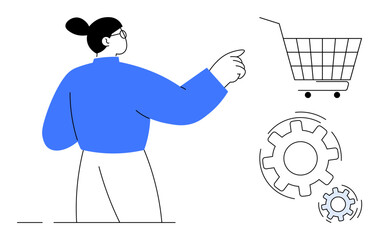 Person pointing towards a shopping cart with gears nearby signifying online shopping, technology, settings, and configuration. Ideal for e-commerce, tech support, online business, digital settings